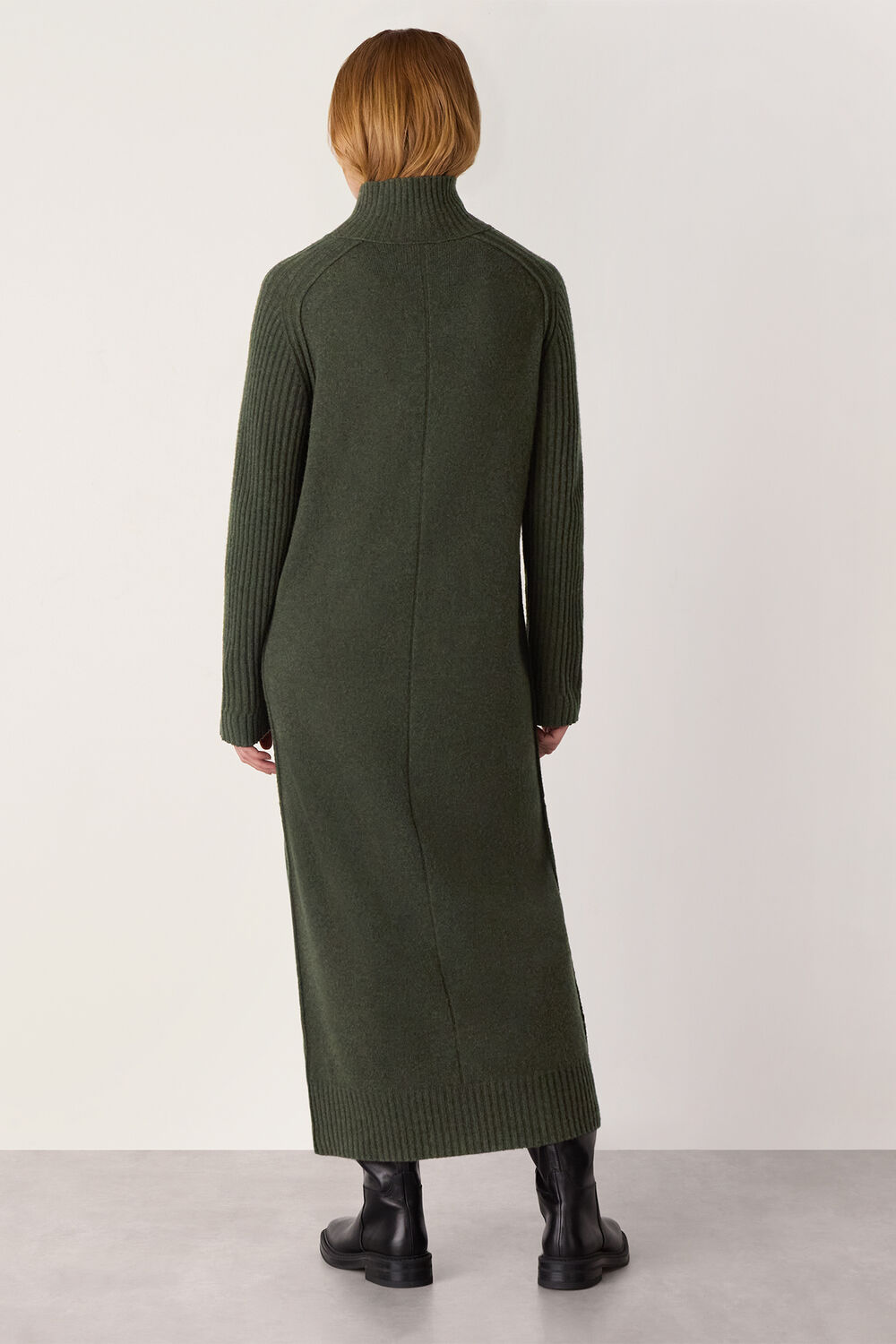 Dark Green Funnel Neck Wool Midi Dress