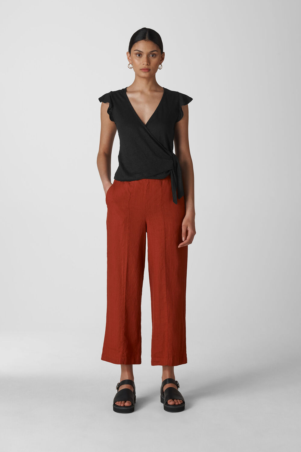 Frill Sleeve Linen Wrap Top Black
