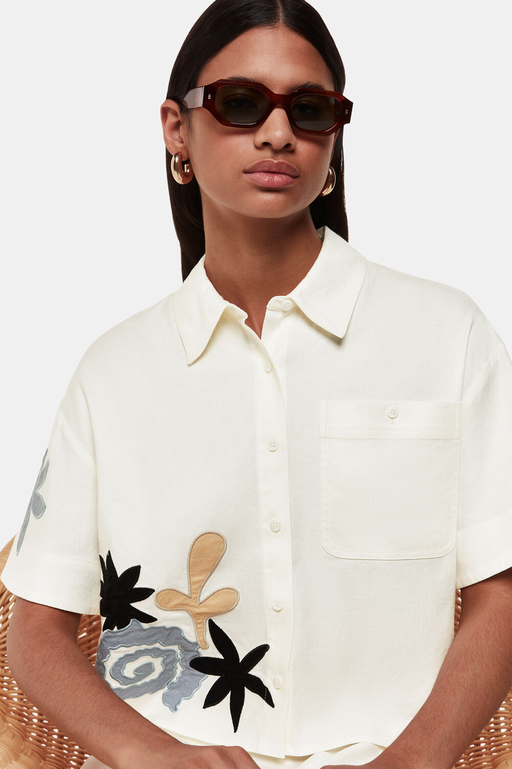 Ivory Applique Linen Blend Shirt