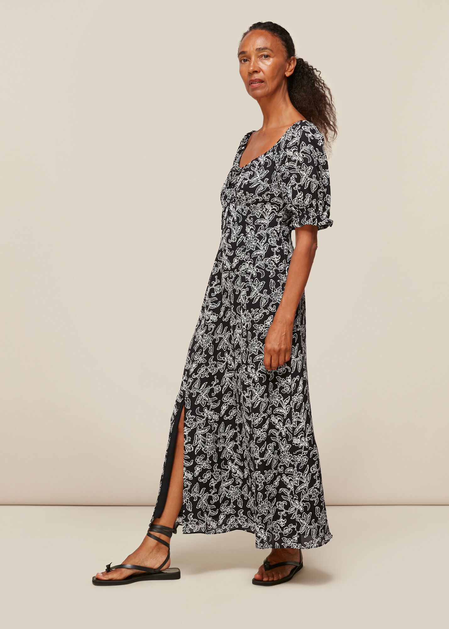 Black/Multi Jasmine Print Silk Dress | WHISTLES