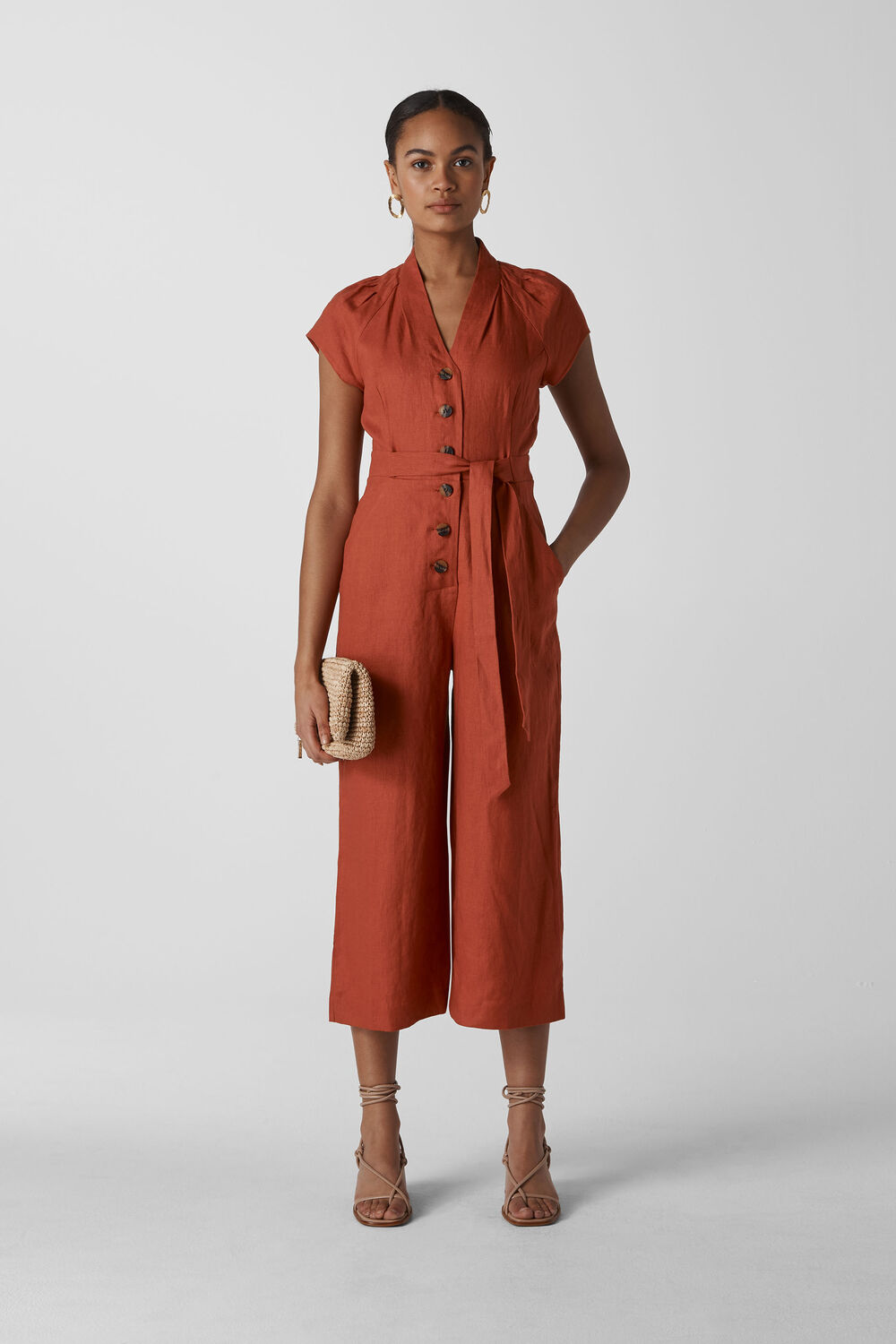 Sana Linen Button Jumpsuit Rust