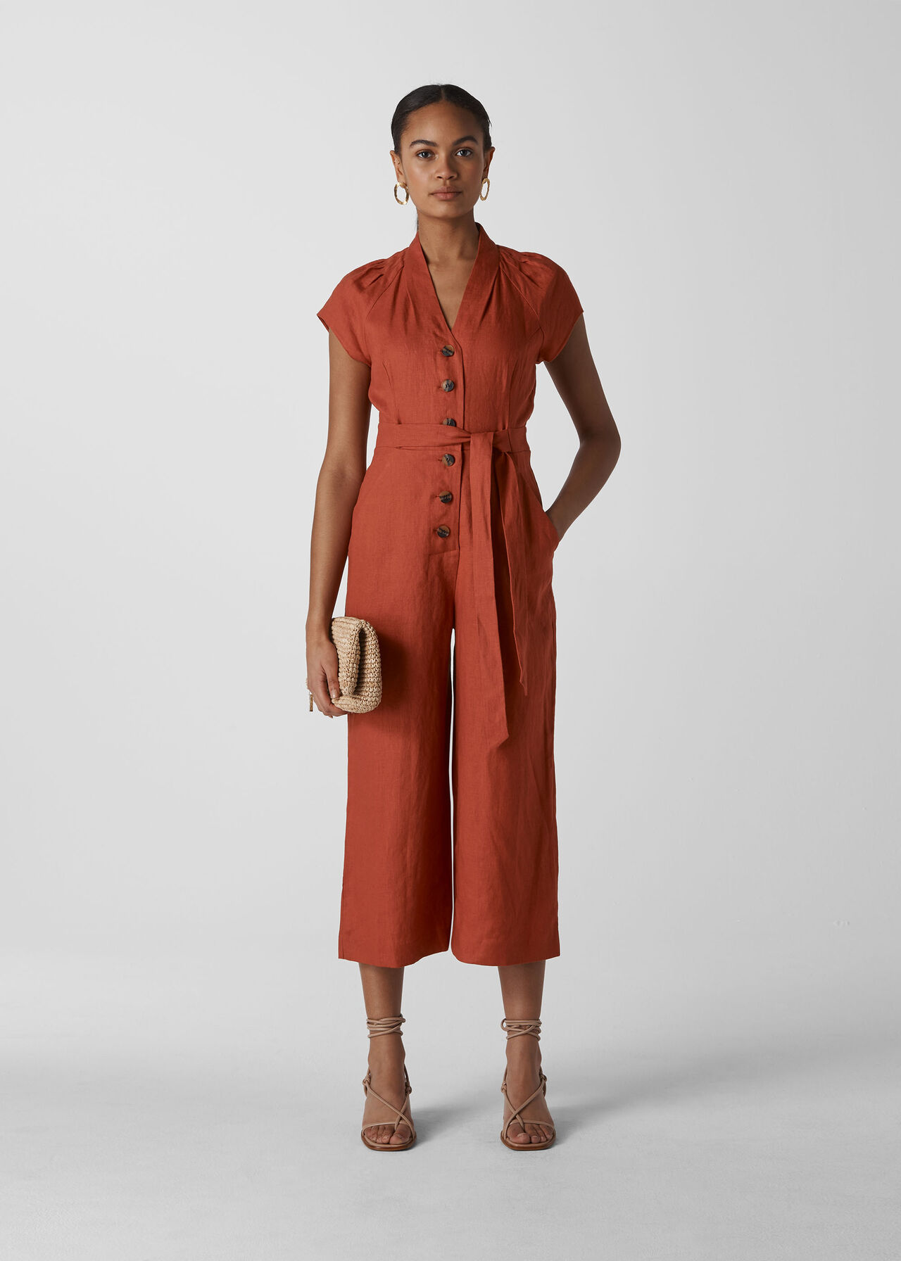 Sana Linen Button Jumpsuit Rust