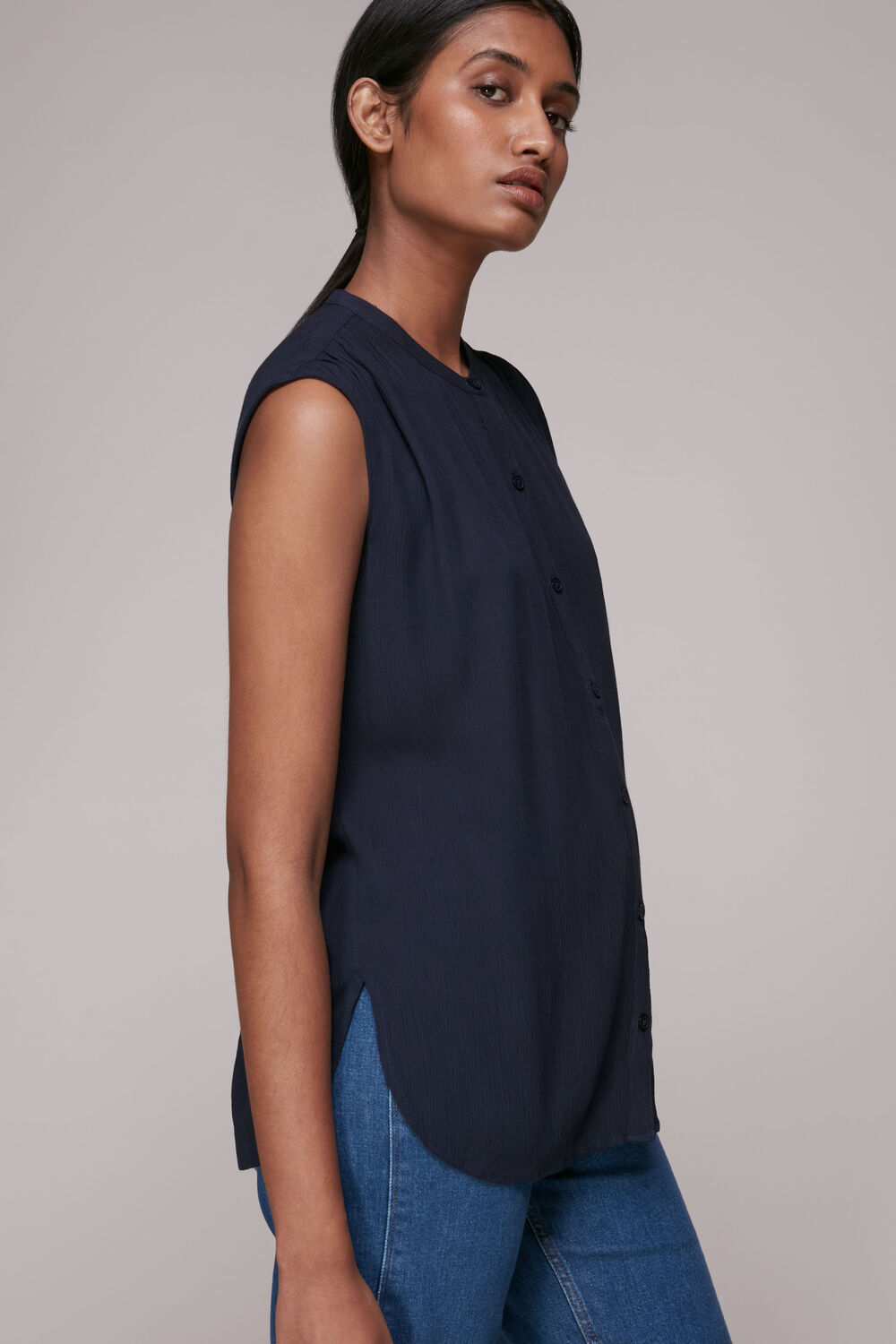 Crinkle Button Front Tank Top