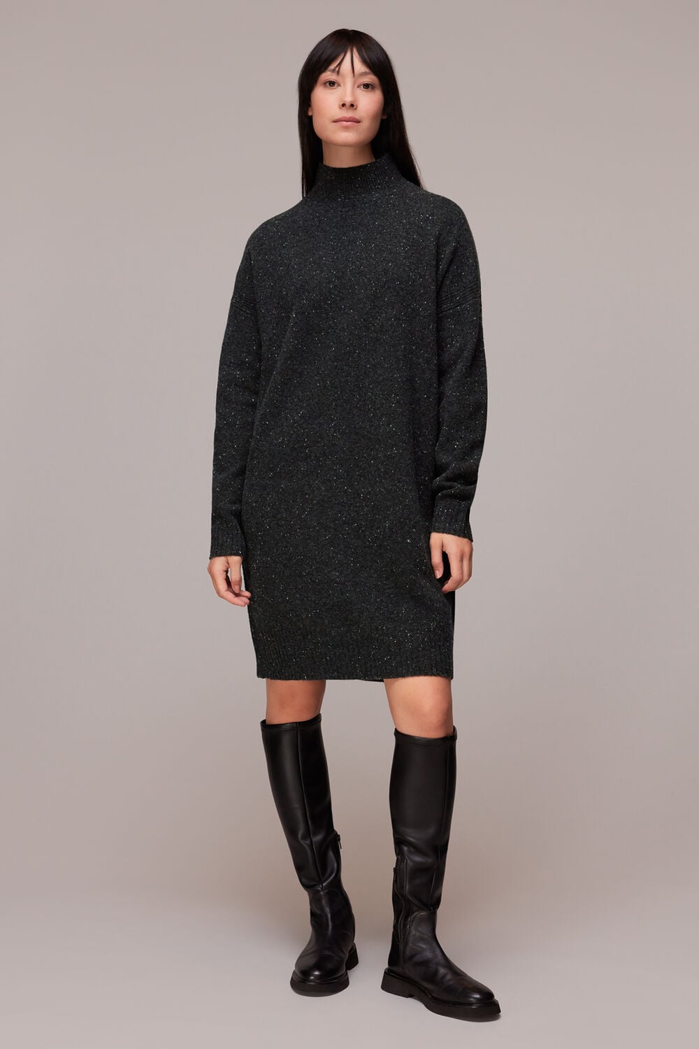 Funnel Neck Flecked Knit Dress