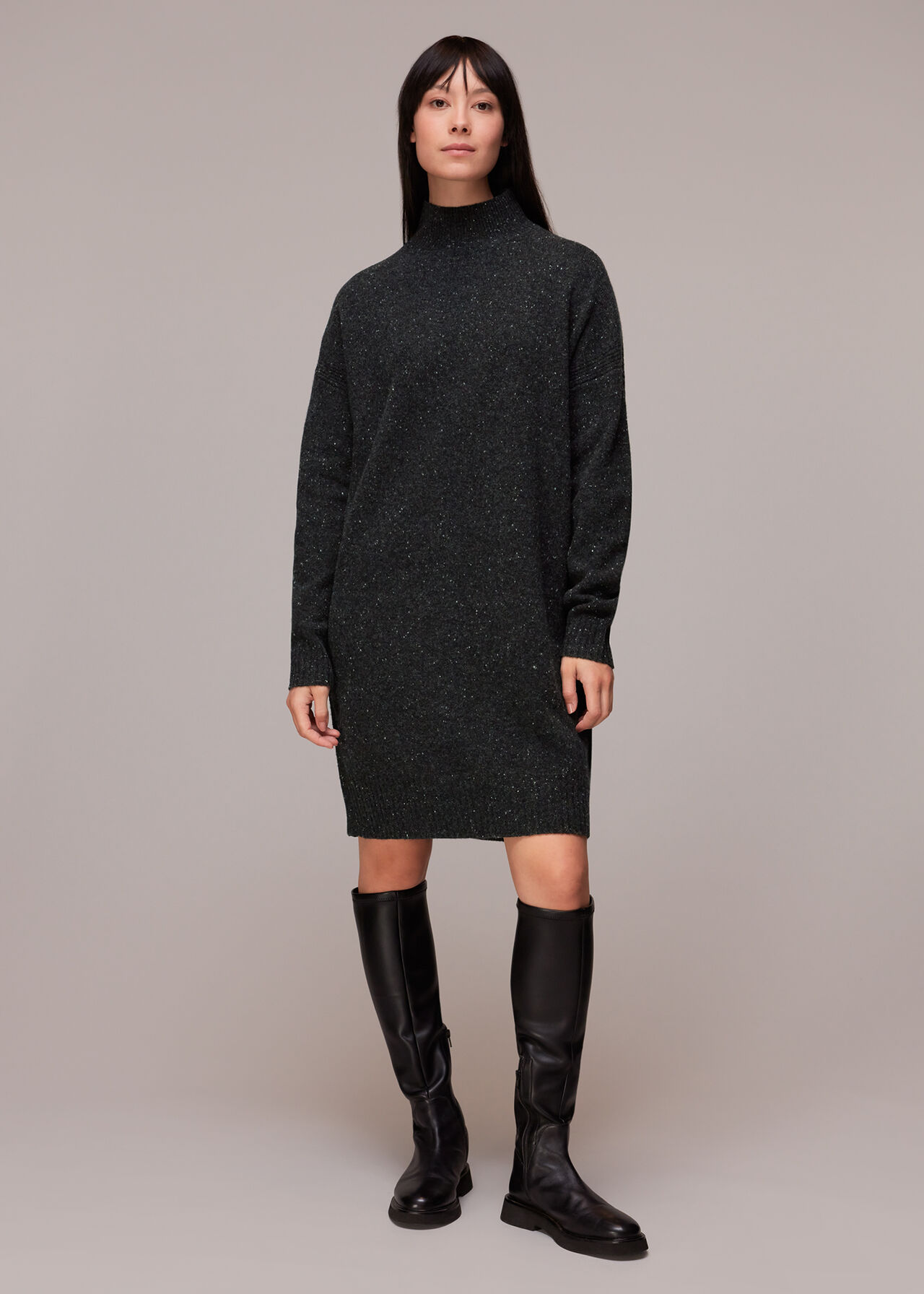 Black/Multi Funnel Neck Flecked Knit Dress | WHISTLES | Whistles UK