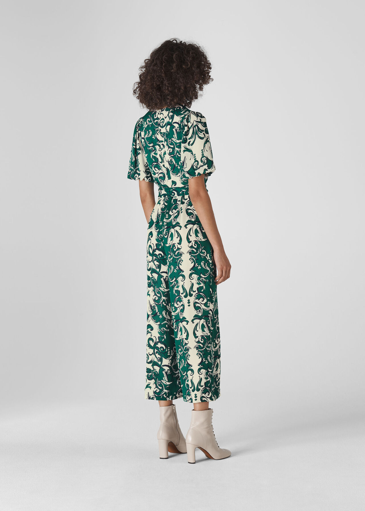 Baroque Print Silk Jumpsuit Green/Multi