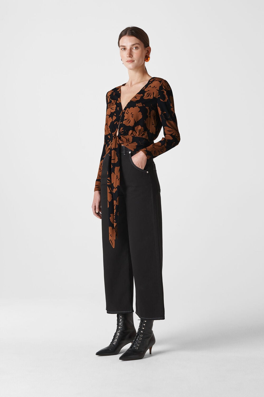 Ari Hibiscus Tie Front Top Brown/Multi