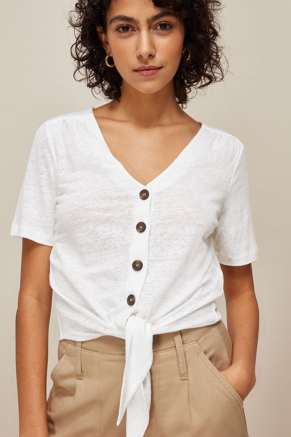 Linen Button Front Tie Top