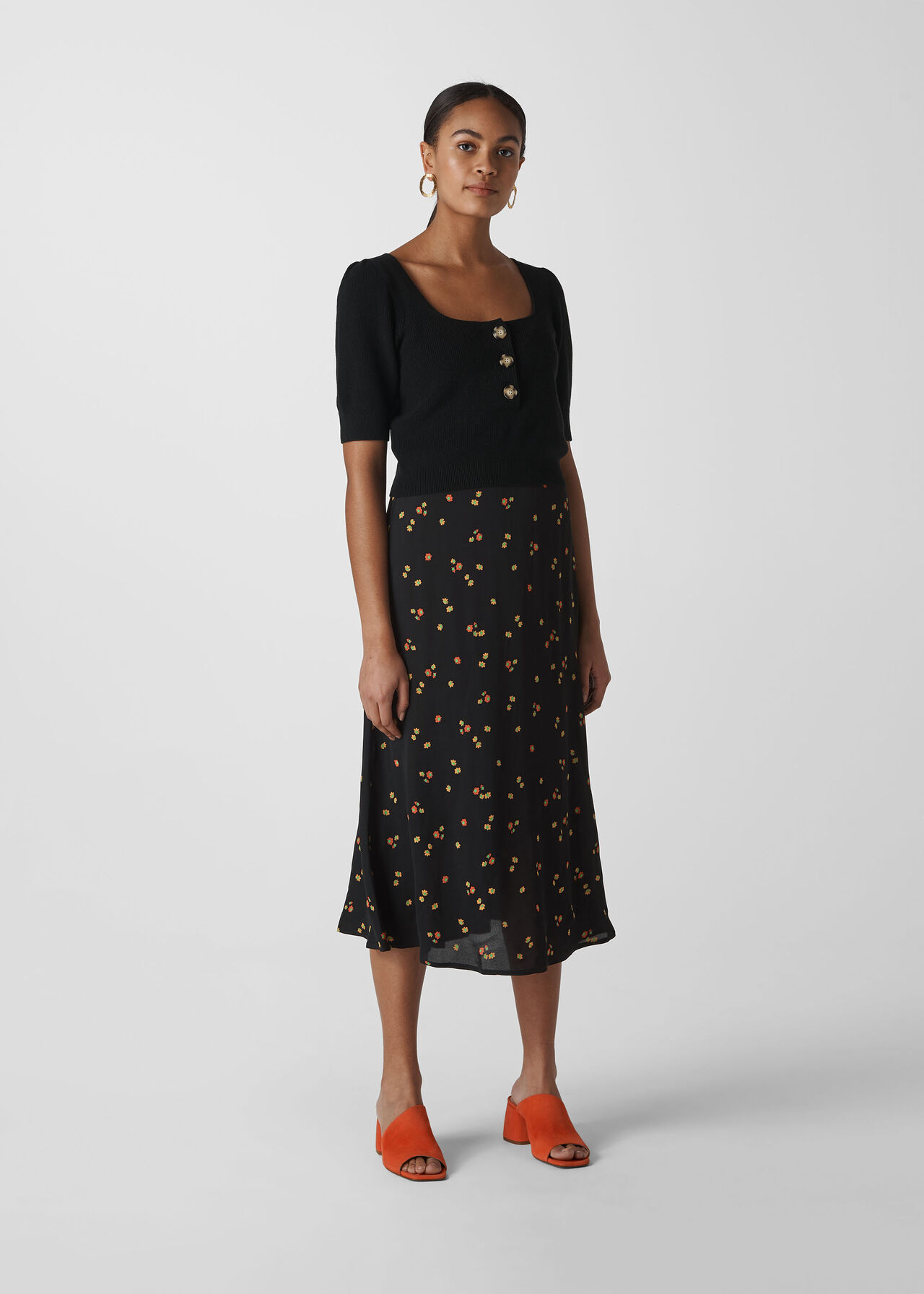 Micro Floral Longline Skirt Black/Multi