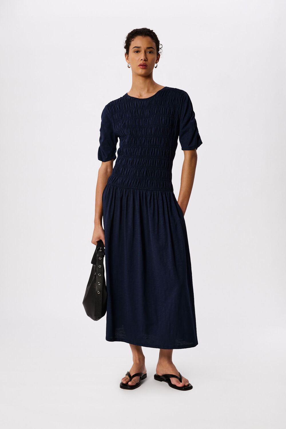 Navy Jersey Shirred Midi Dress
