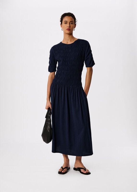 Navy Jersey Shirred Midi Dress