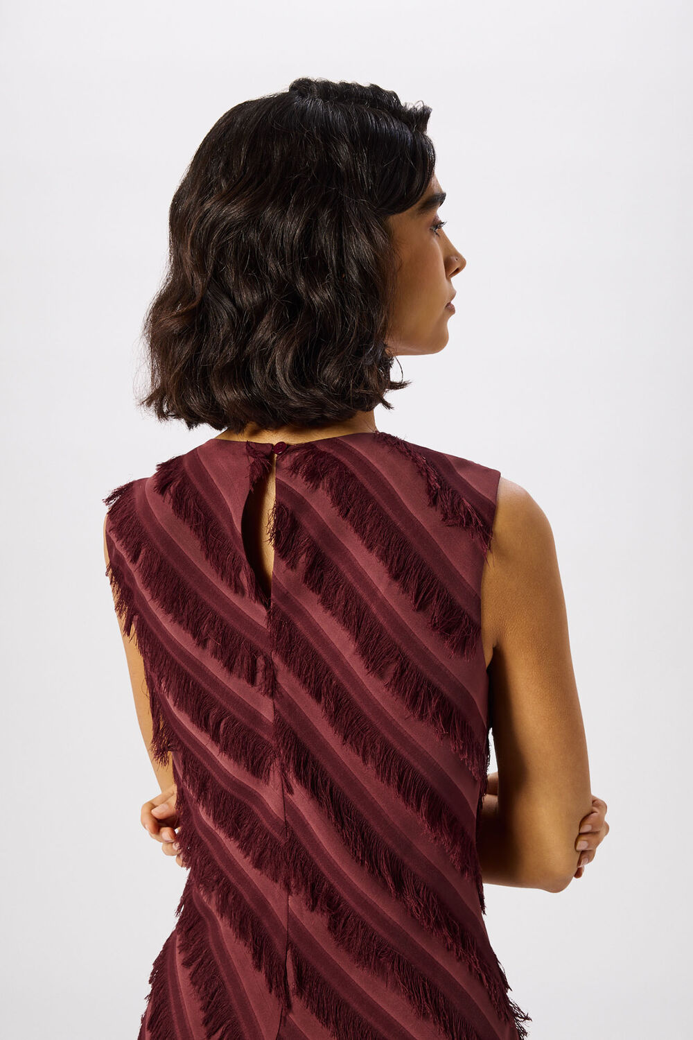 Brown Diagonal Fringe Textured Dress
