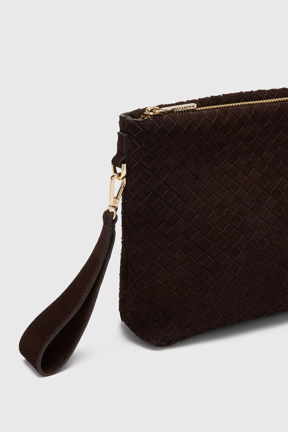 Chocolate Avah Woven Suede Zip Clutch