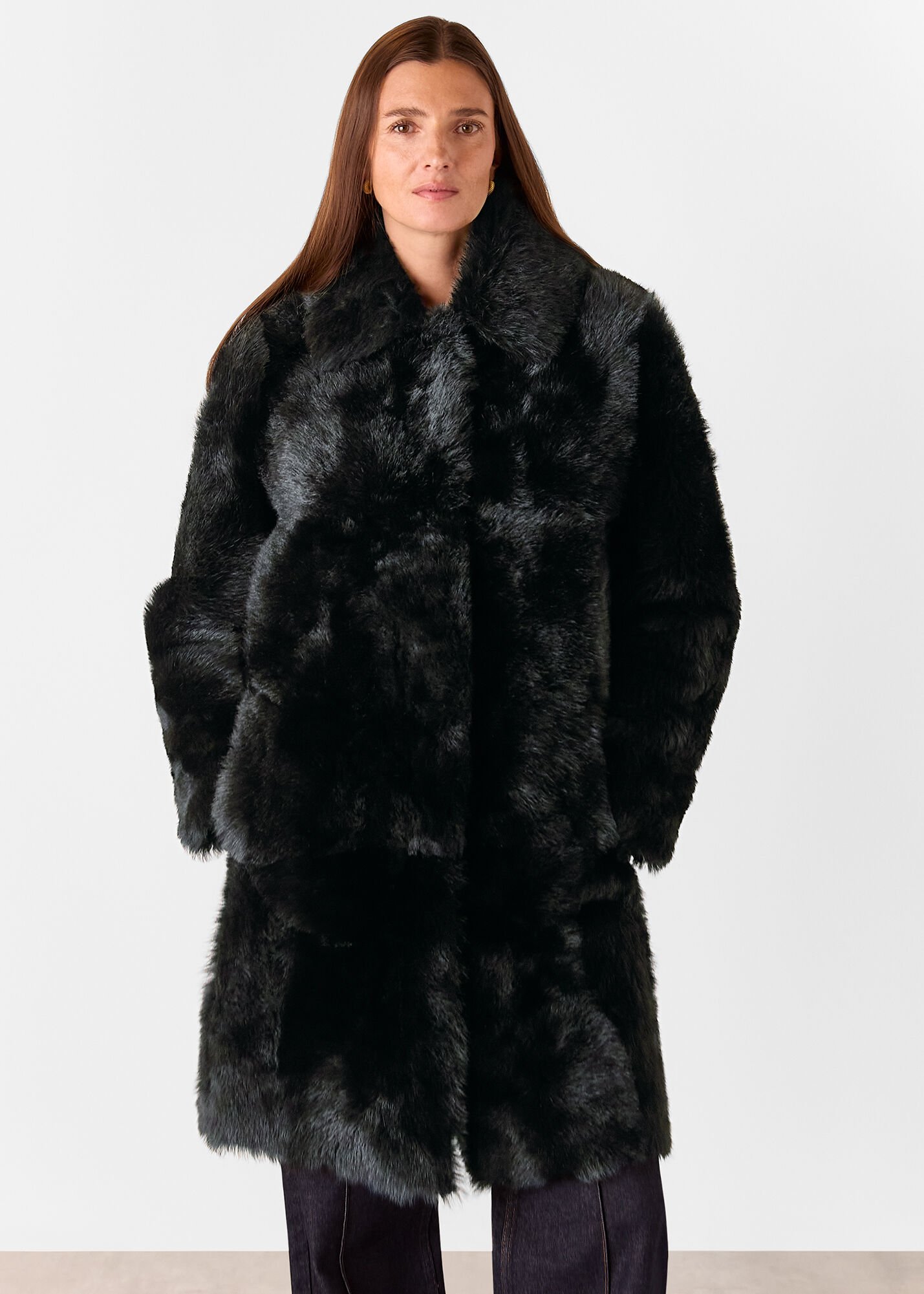 Black Odette Long Shearling Coat | WHISTLES | Whistles US |