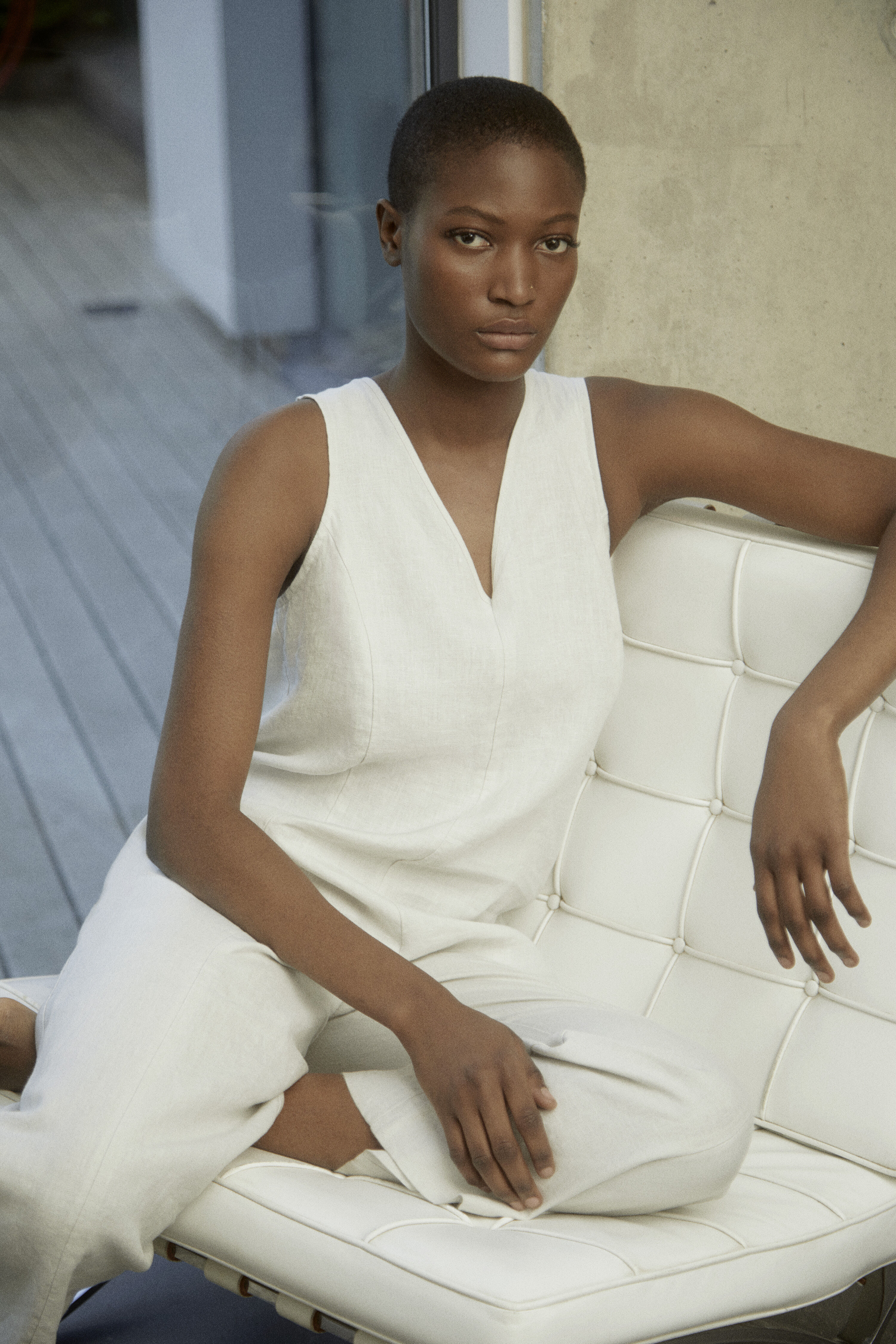 Stone Linen V Neck Jumpsuit