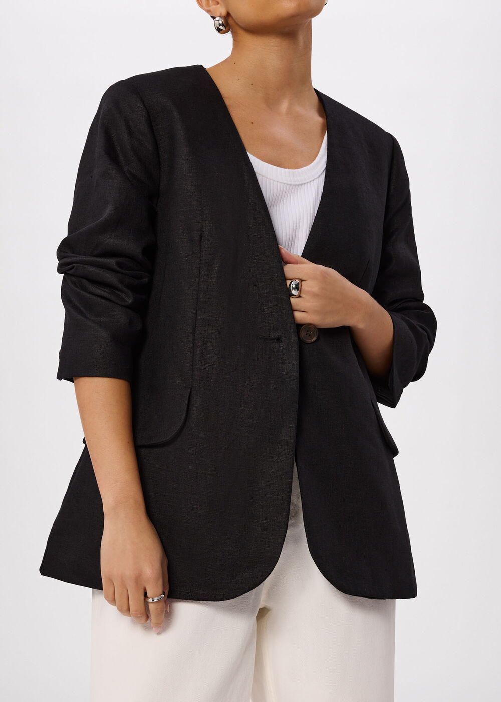 Petite Collarless Linen Blazer