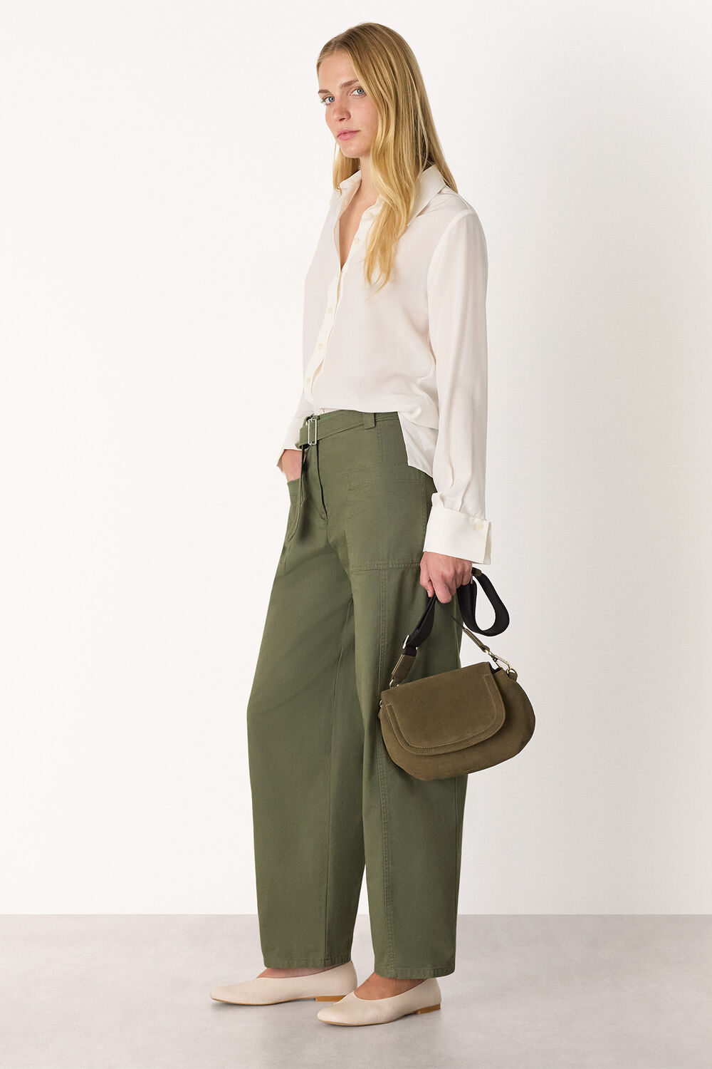 Khaki Belted Cotton Barrel Trouser