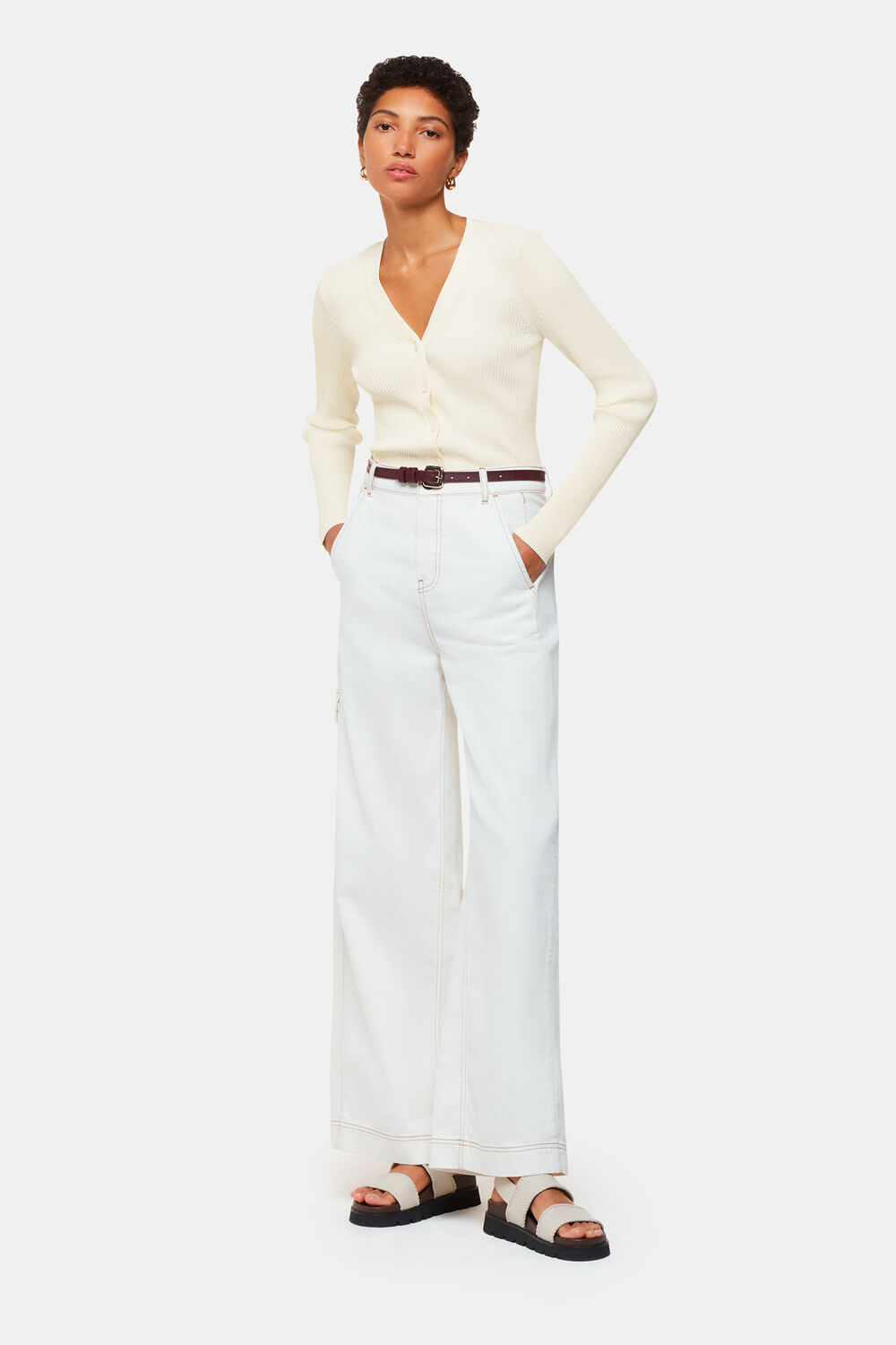 Ivory Ribbed V neck Cardigan