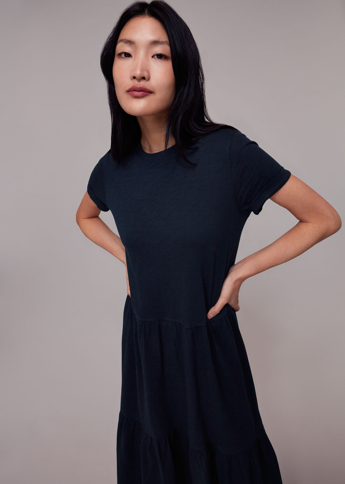 Navy Tiered Jersey Midi Dress