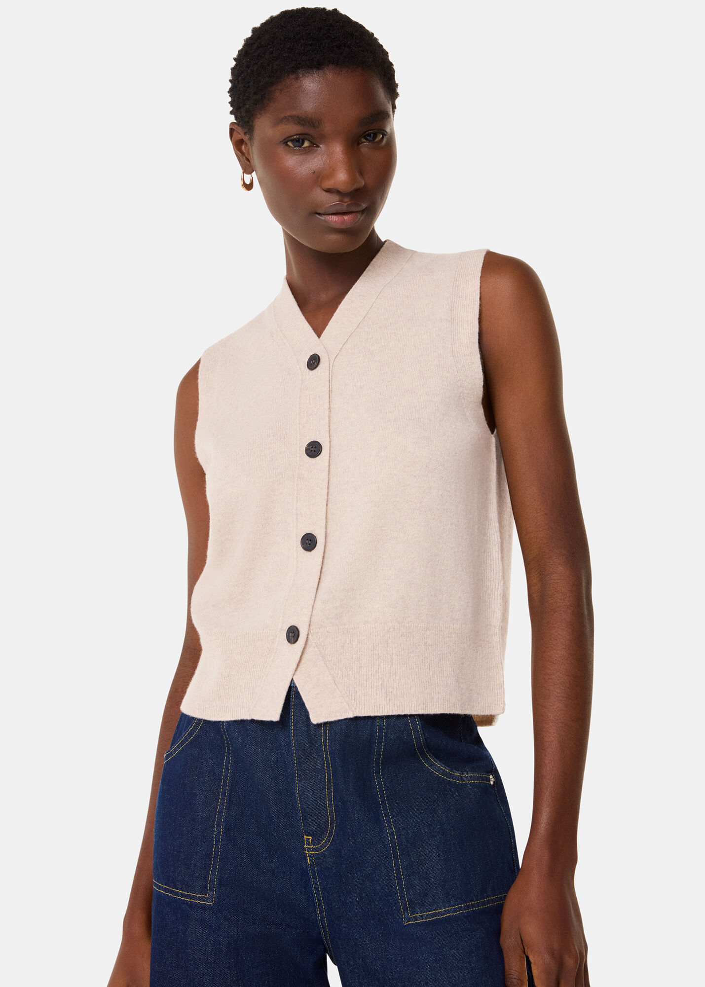 Oatmeal Wool V Neck Button Front Tank | WHISTLES | Whistles UK |