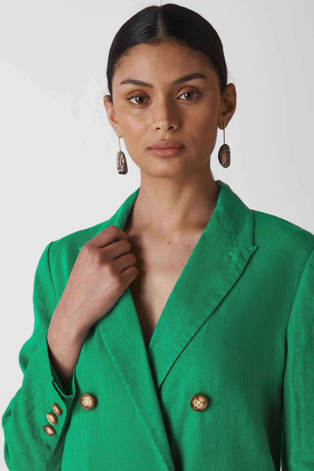 Linen Double Breasted Blazer Green
