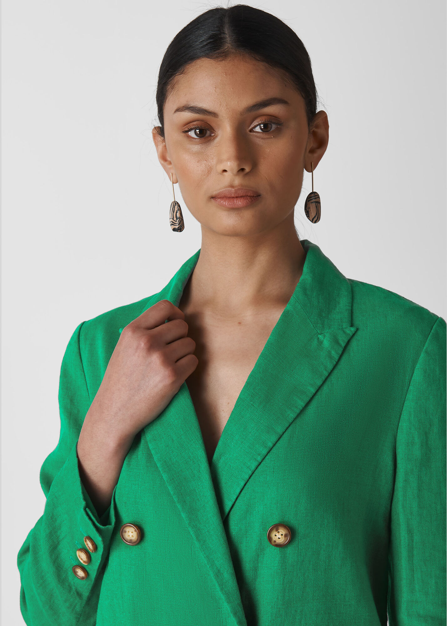 Green Linen Double Breasted Blazer | WHISTLES