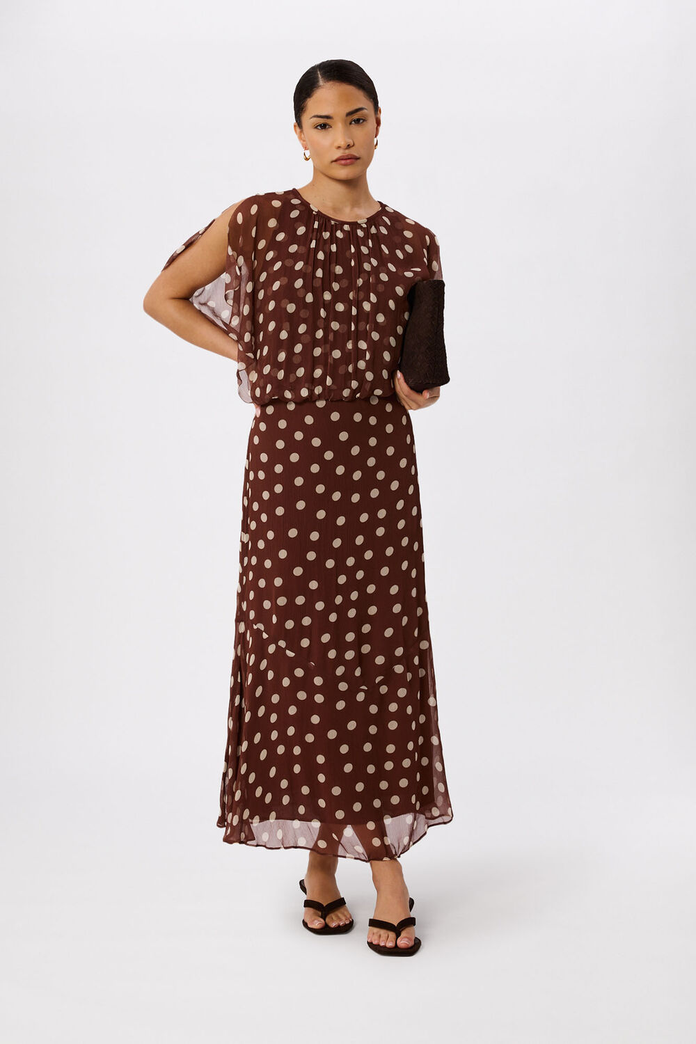 Brown Petite Polka Dot Print Midi Dress