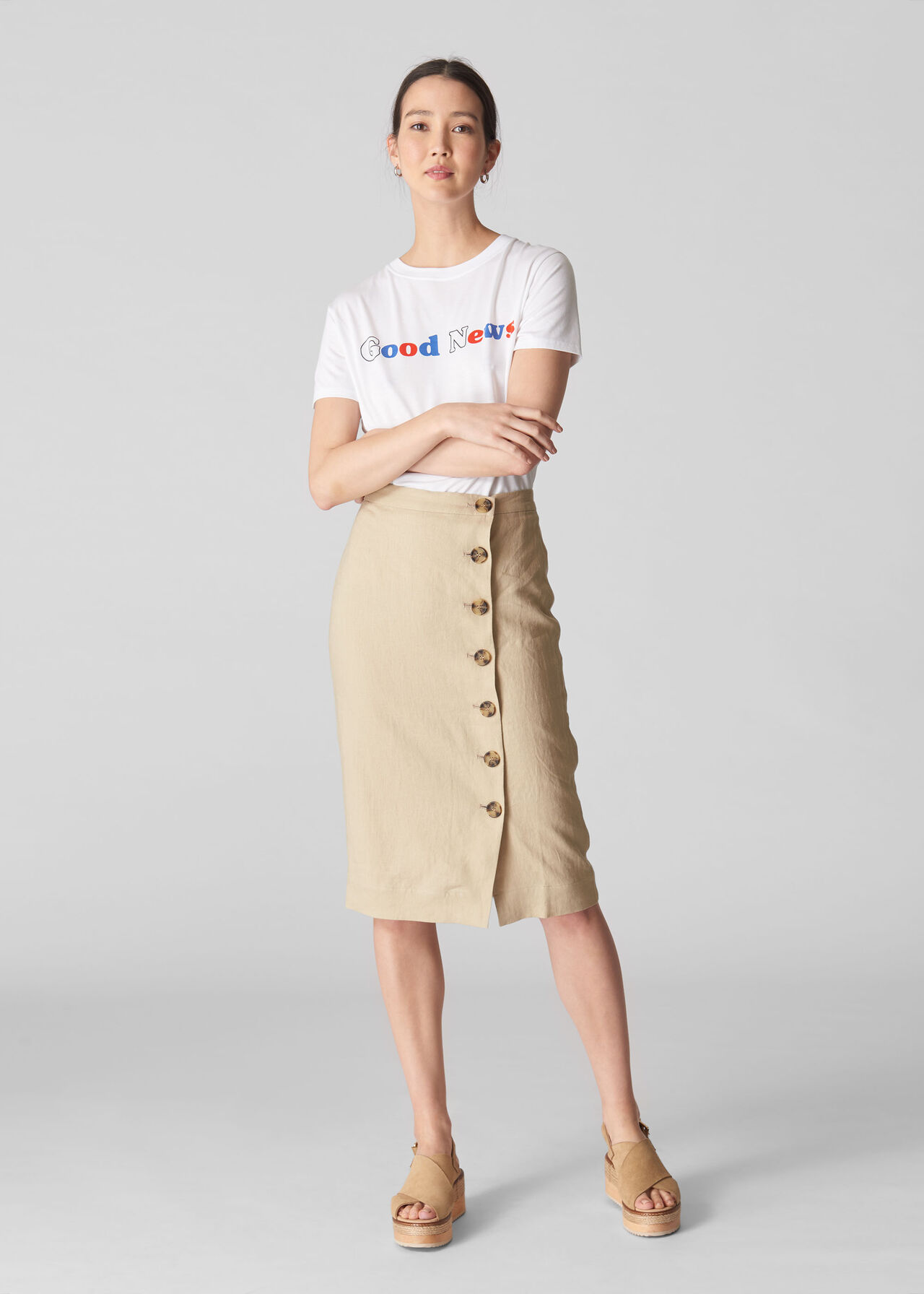 Button Linen Pencil Skirt Neutral