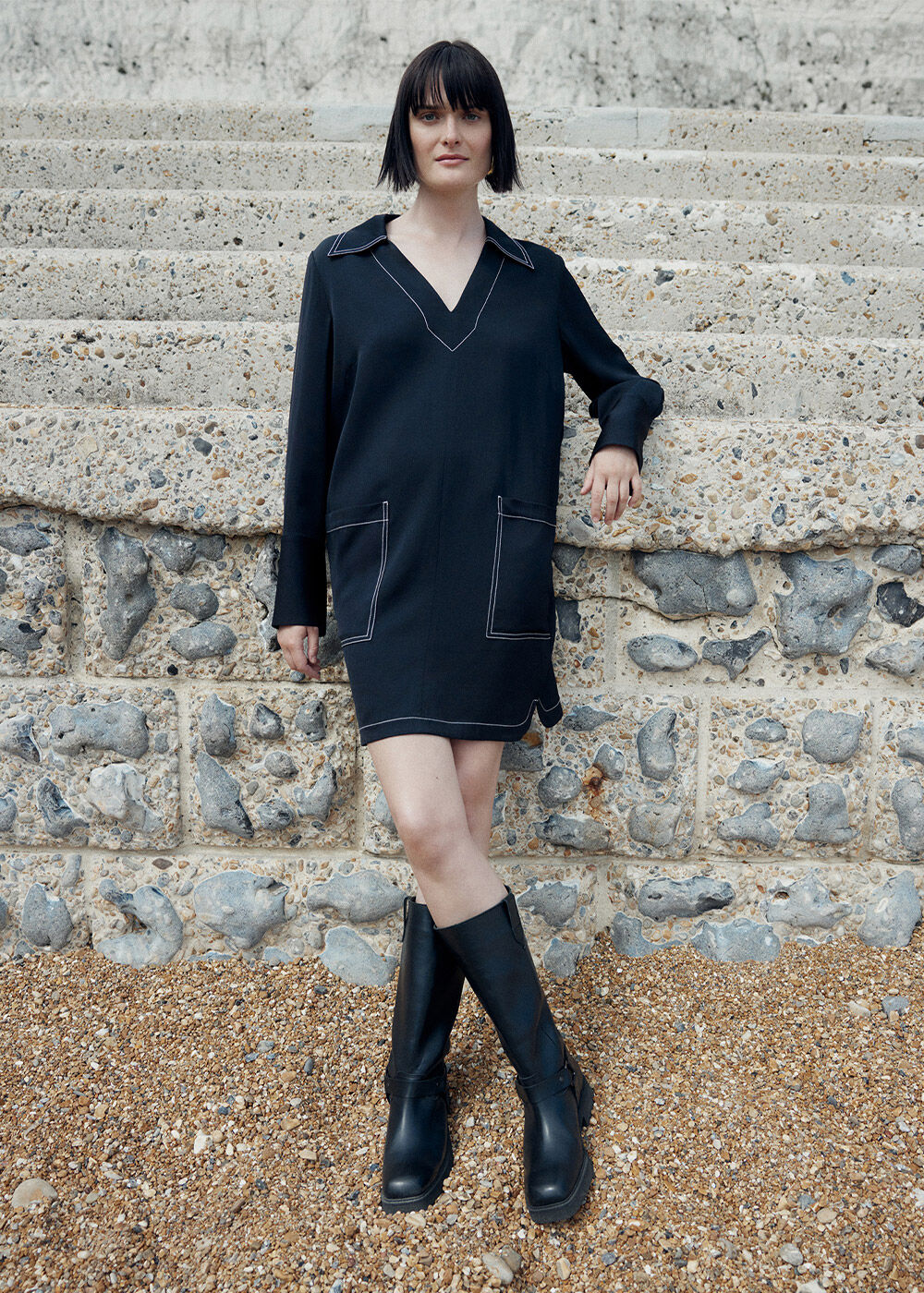 Black Topstitch Detail Shirt Dress WHISTLES Whistles ROW