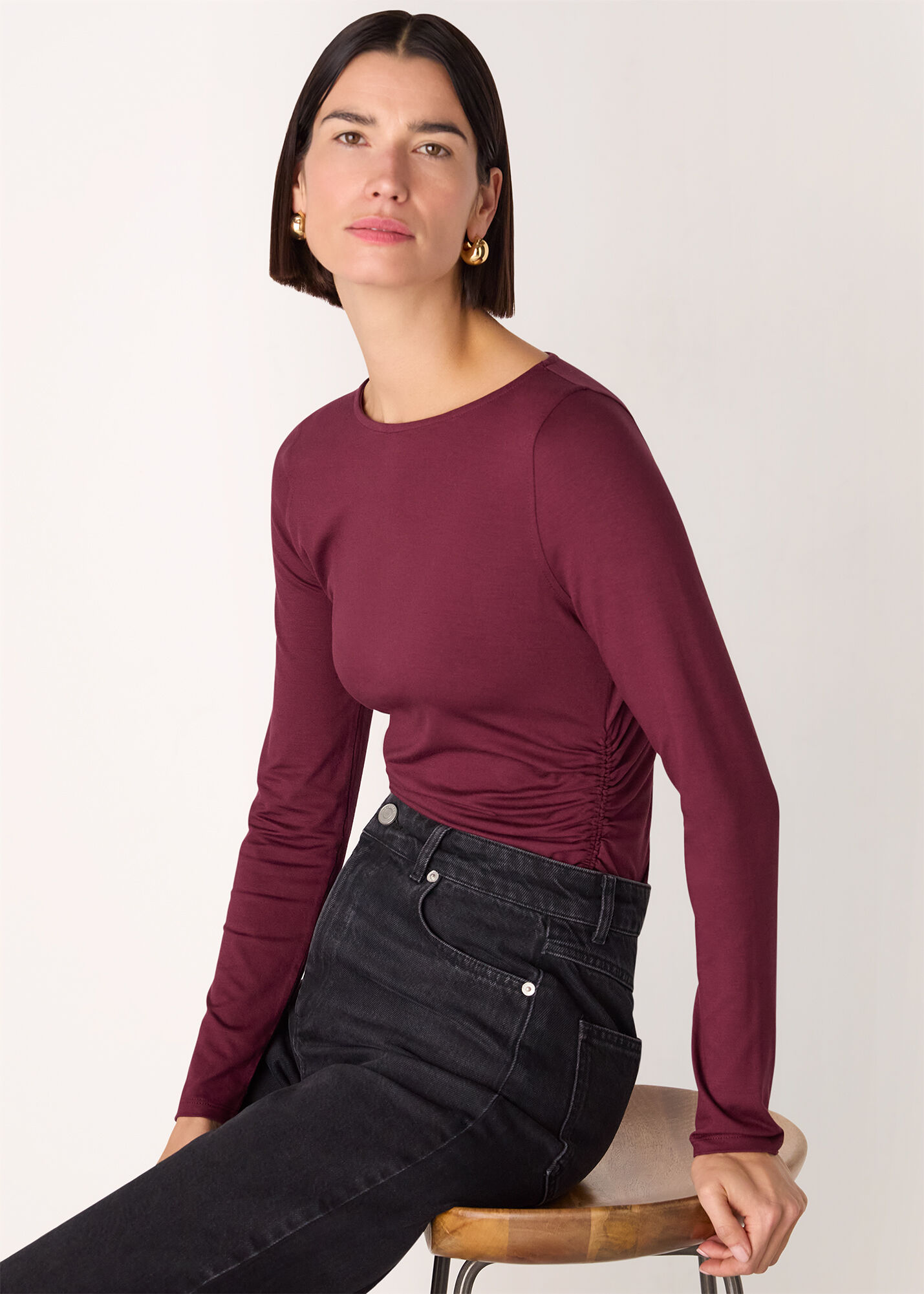 Burgundy Ruched Side Long Sleeve Top | WHISTLES | Whistles US |