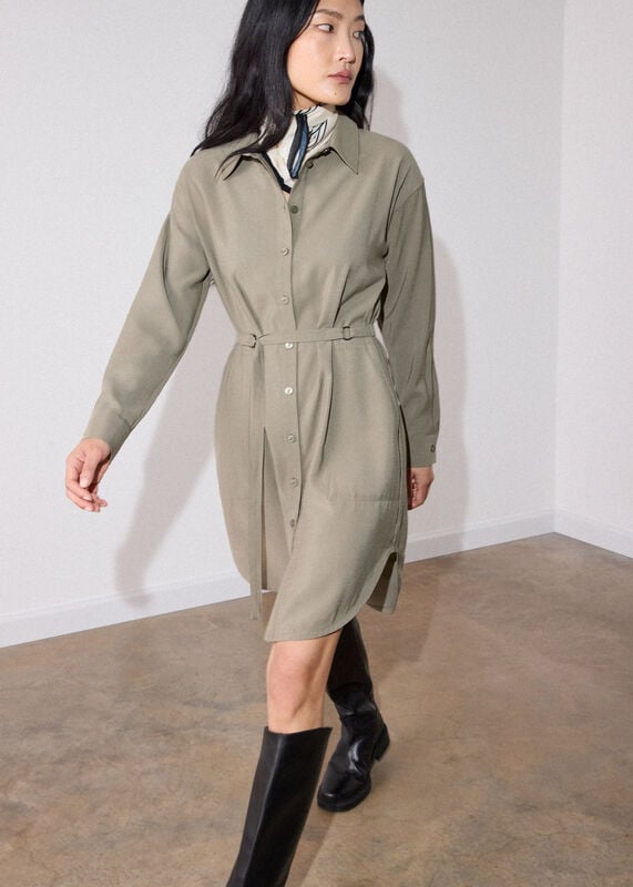 Khaki Ring Detail Shirt Twill Dress