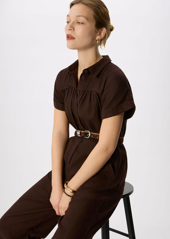 Brown Utility Linen Jumpsuit