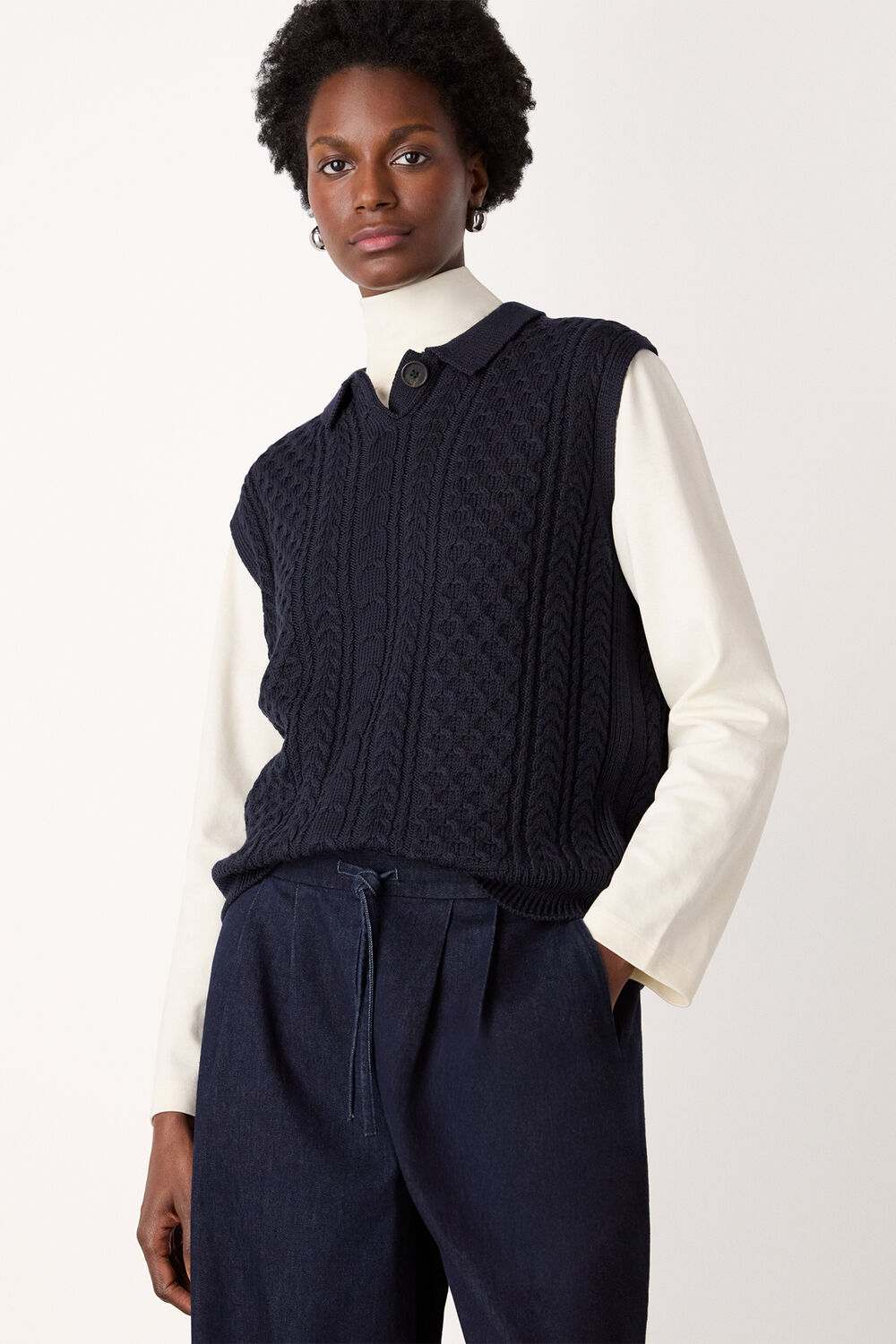 Navy Wool Cable Detail Knit Tank