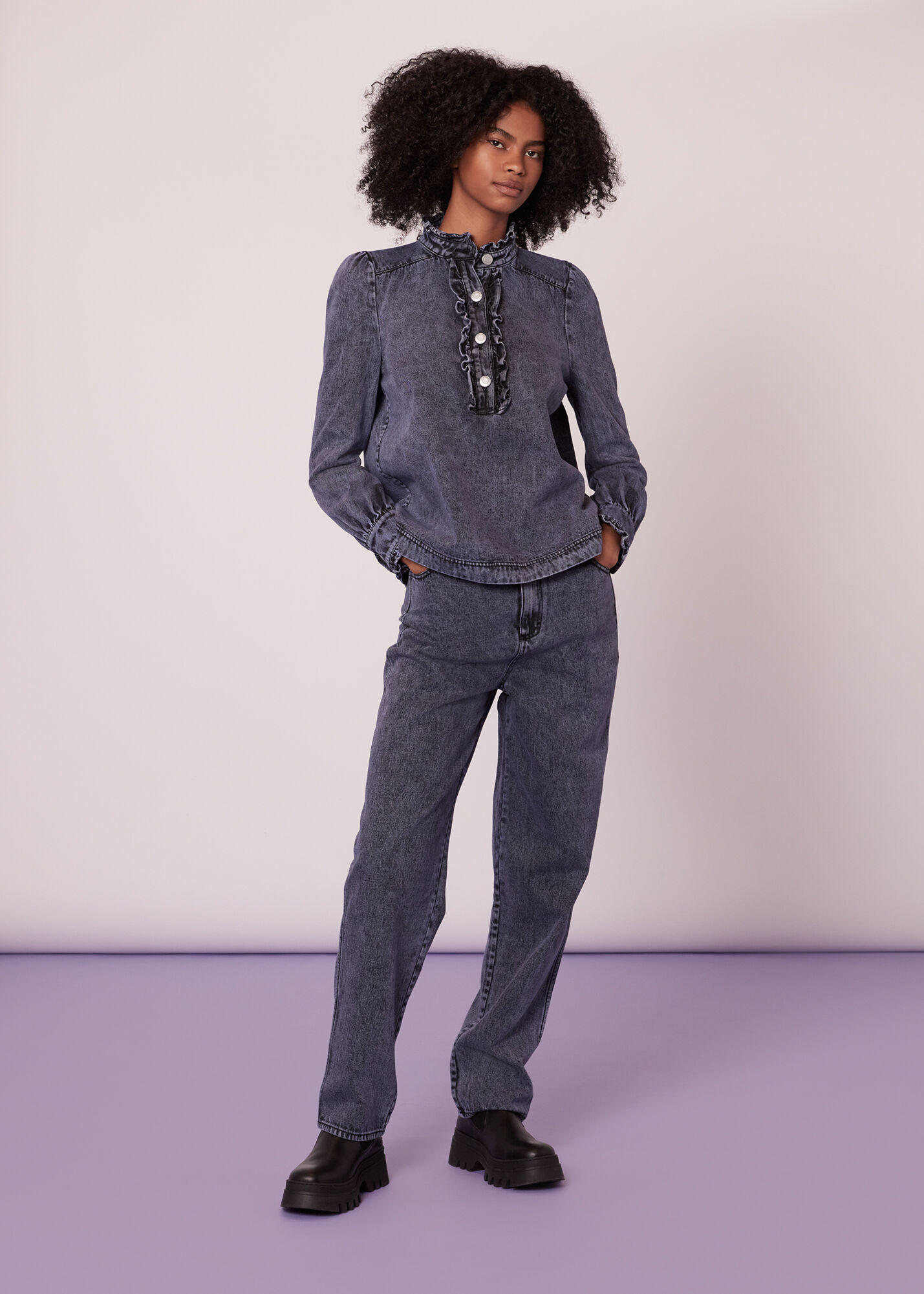 Denim ruffle sale blouse