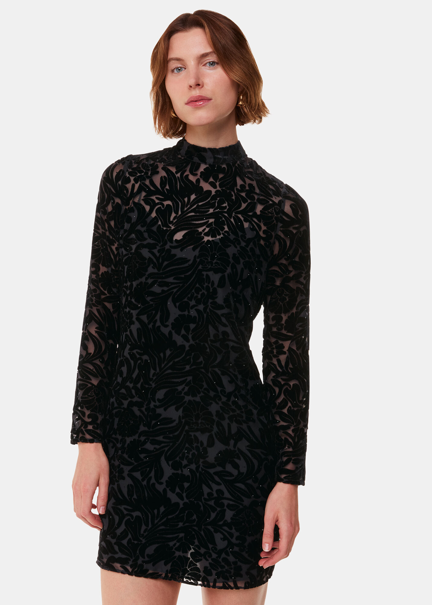 ワンピース Floral Velour Jacquard High Neck Dress Black Hot Fix Floral Velvet Dress | WHISTLES | Whistles US |