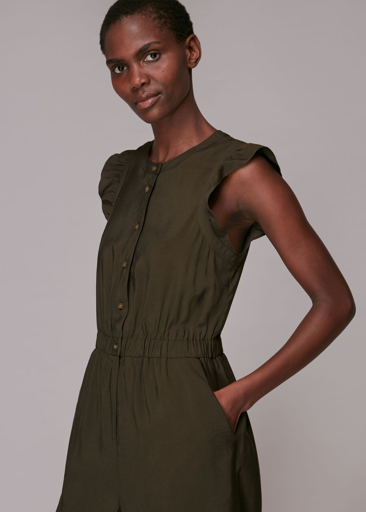 Khaki Frill Sleeve Button Jumpsuit, WHISTLES