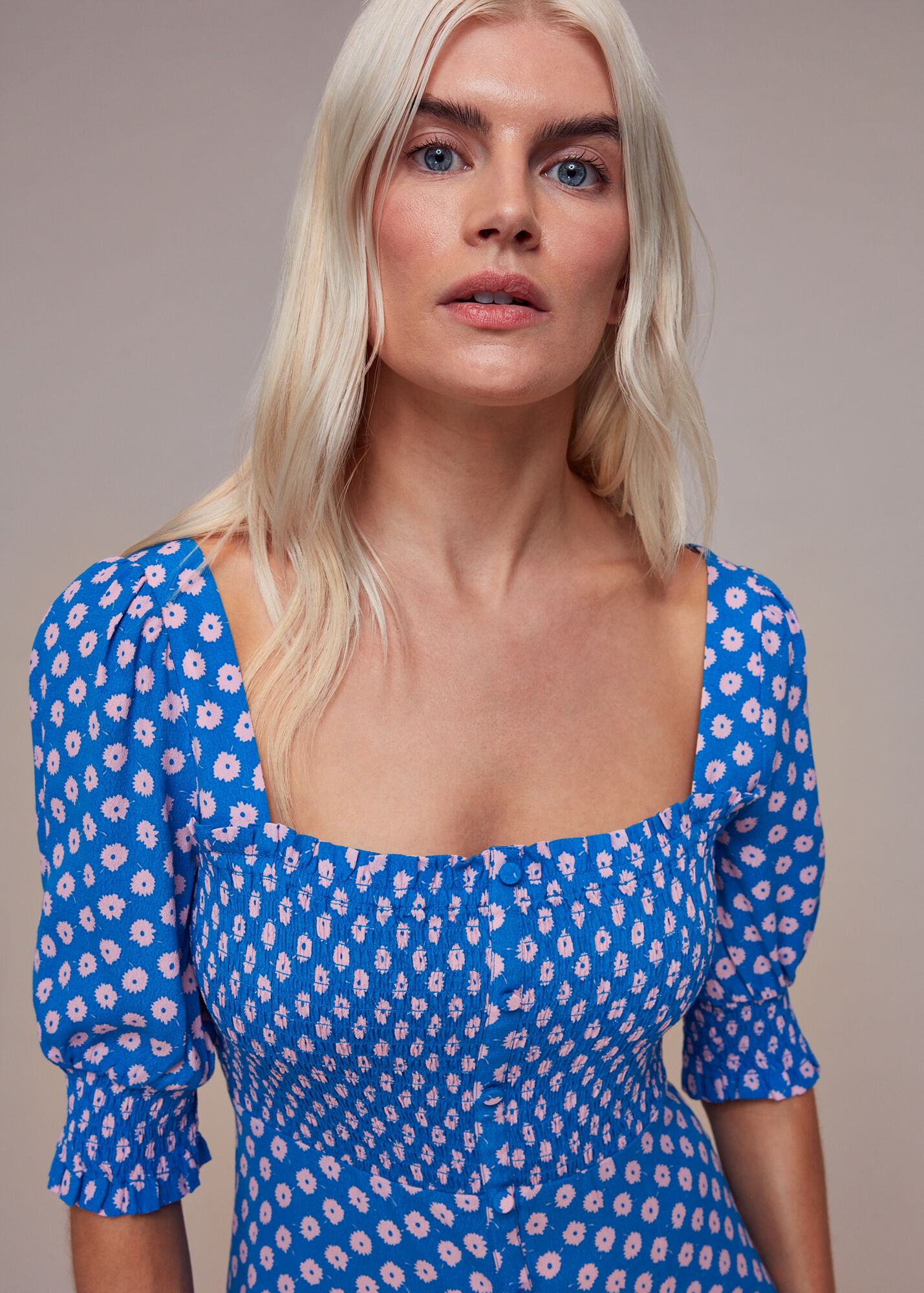 Blue/Multi Floral Sunburst Shirred Dress WHISTLES Whistles AU