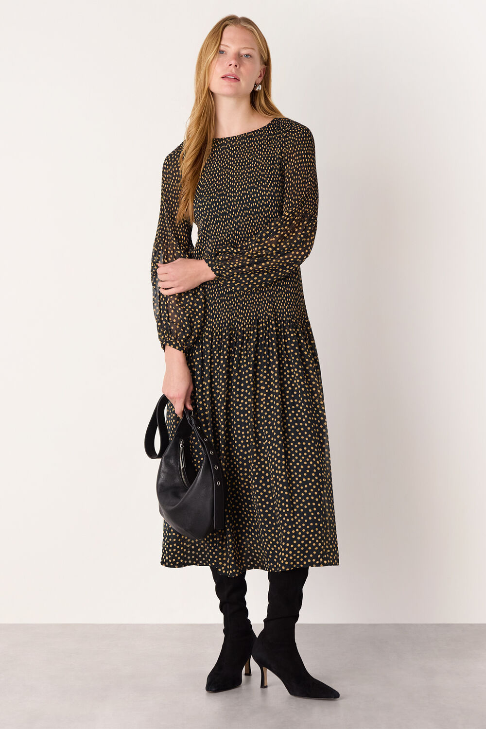 Black Spot Print Plisse Midi Dress