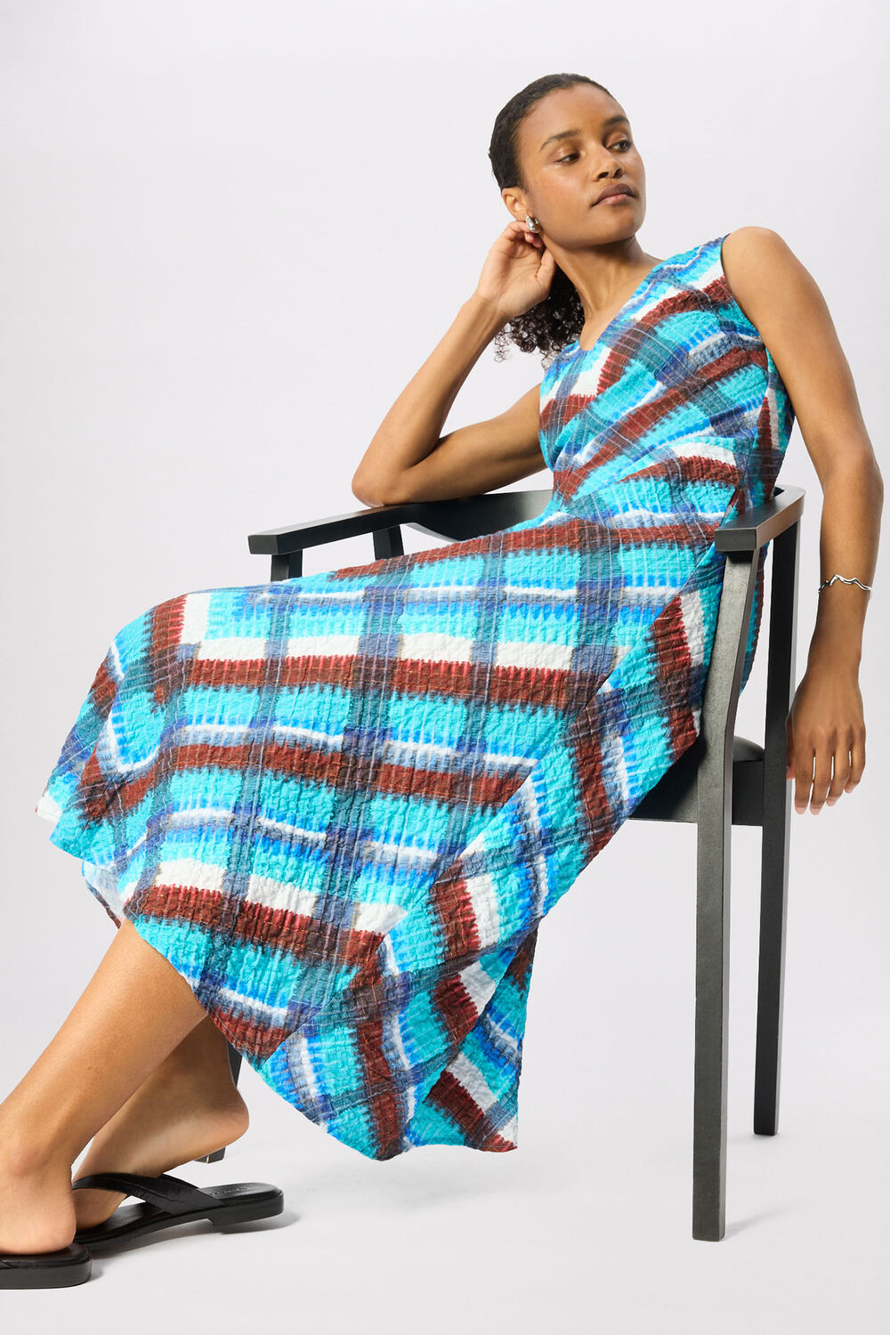 Blue Petite Checked V Neck Textured Dress