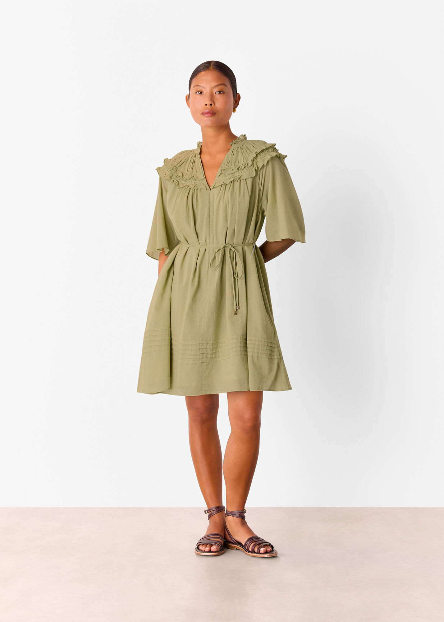 Khaki Petite Cotton Frill Mini Dress | WHISTLES | Whistles UK |