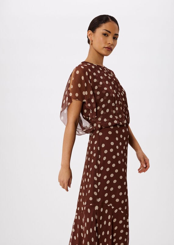 Brown Petite Polka Dot Print Midi Dress