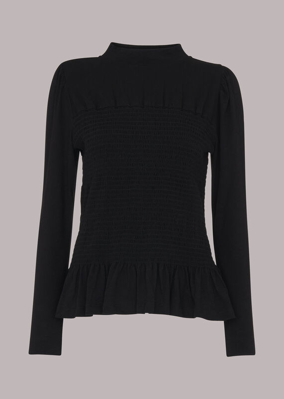 Black Shirred High Neck Top