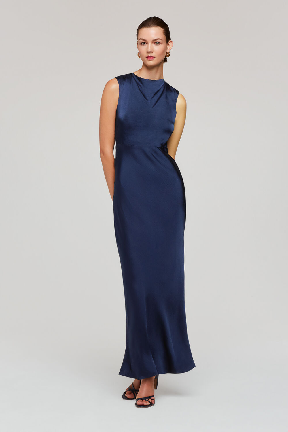 Navy Cowl Neck Satin Maxi Dress