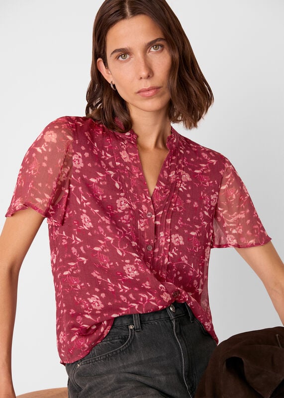 Burgundy Ditsy Floral V Neck Blouse