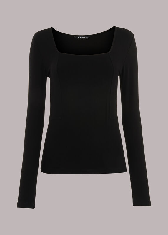 Black Square Neck Long Sleeve Top