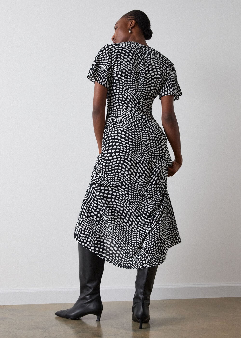 Mixed Spot V Neck Midi Dress