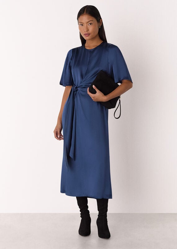 Blue Petite Satin Twist Waist Midi Dress