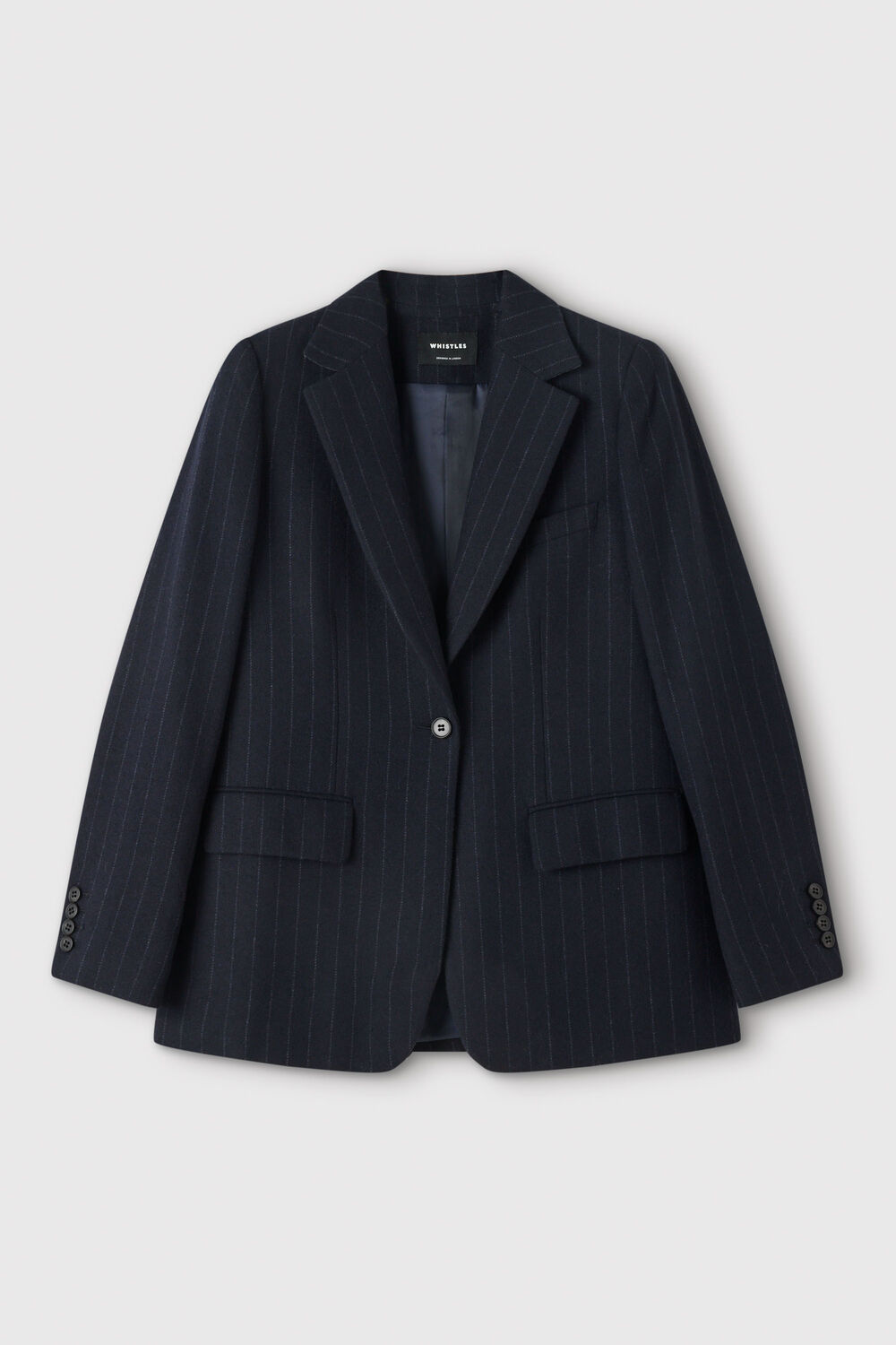 Navy Pinstripe Wool Blend Blazer
