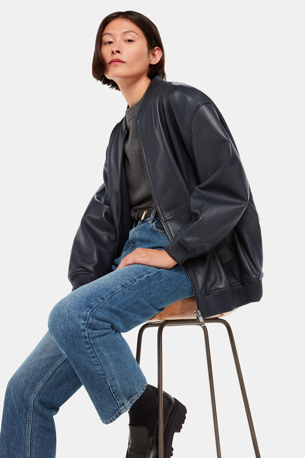 Navy Erin Leather Bomber
