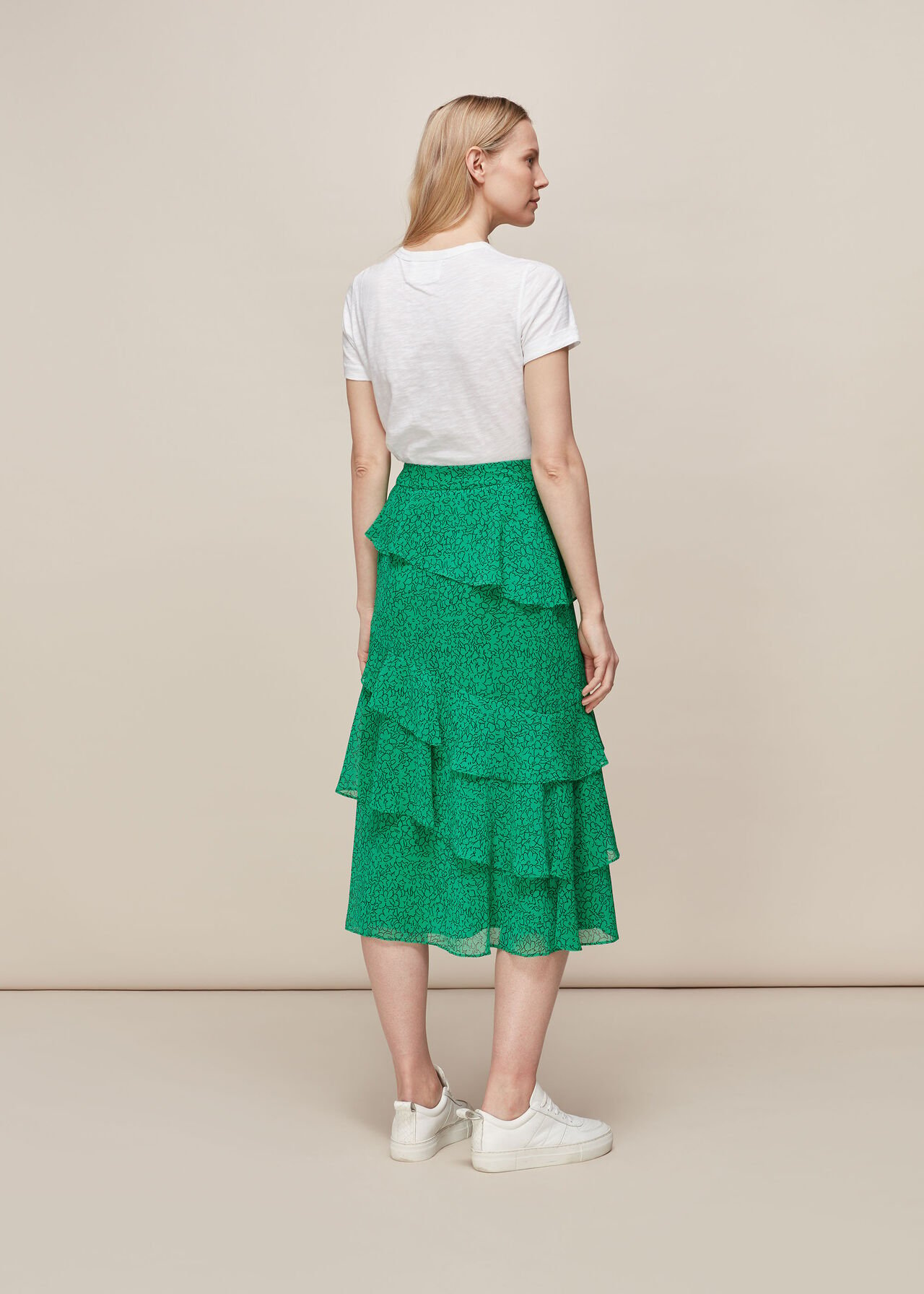 Sketched Floral Tiered Skirt Green/Multi